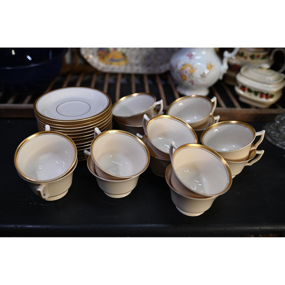 Vintage Monticello Old Ivory Syracuse China Tea Cups Saucers Set of 14 Gold Trim